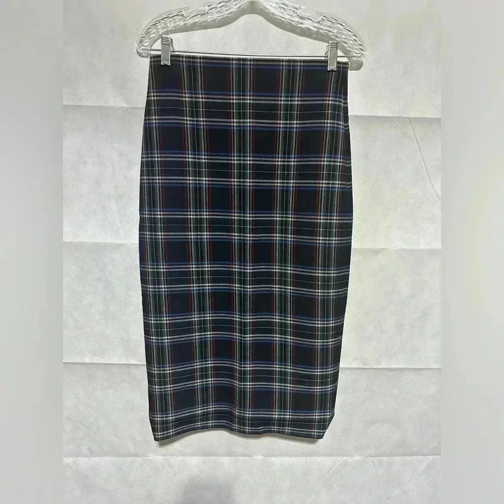 Zara Woman Navy Skirt Size M Straight Pencil Stretch High Waist Tartan Plaid Zip